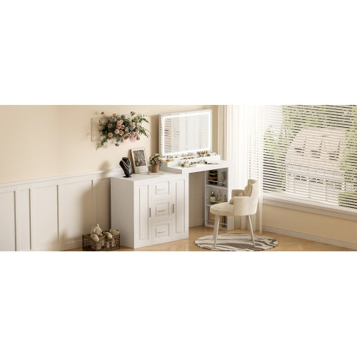 59Makeup Vanity Desk With Mirror, Vanity Mirror With Lights, Dressing Table With 3 Drawers And 2 Cabinets, Vanity Table With Storage Shelves For Bedroom, White - CJDS
