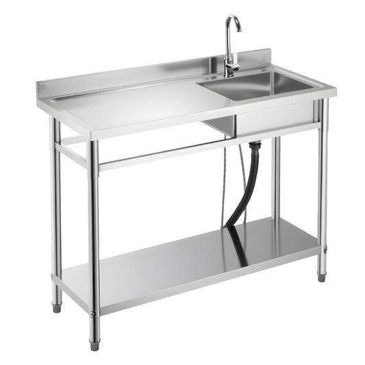 Stainless Steel Utility Sink, Free Standing Single Bowl Commercial Kitchen Sink With Faucet, Utility Left Basin Workbench With Hot & Cold Water Pipe For Garage Restaurant Laundry, 47x19.7x37 In