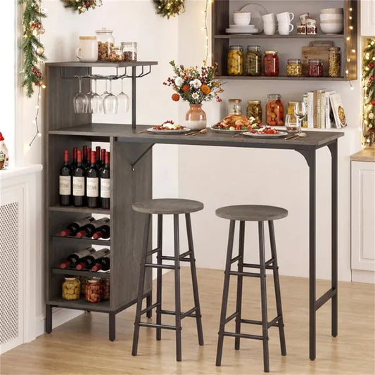 3PCS Bar Table & Stools Set, Wine Storage (6 Bottles + Wine Glass Holder), Oak