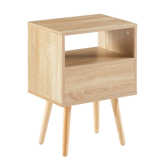 Rattan End Table With Drawer Solid Wood Legs Modern Nightstand Side Table