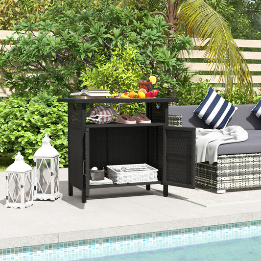 Outdoor Pool Towel Storage Cabinet Organizer, Outdoor Bar Table With Shelf And Cabinet, Pool Towel Holder Pool Valet With Weather-Resistant PE Rattan And Steel Frame, Espresso