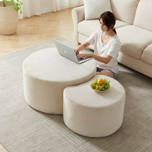 Nesting Coffee Table Set Of 2,Upholstered Round Coffee Tables Set Of 2 For Living Room, Modern Foam Round Coffee Table Side Table End Table Ottoman, No Assembly