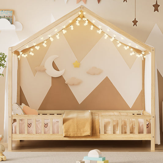 Montessori Floor Bed With Canopy, Twin Bed Frame For Kids, House Shape Kids Bed Frame With High Railings, Wood Kids Bed With Roof, Kid Twin Bed, Natural