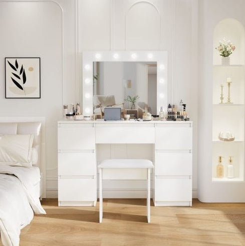 Large White Vanity Tables With Mirror And Light - CJDS