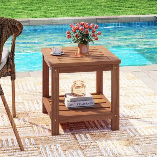 Versatile 2-Tier Wooden Side Table, Easy Assembly Nightstand For Garden Living Room Poolside