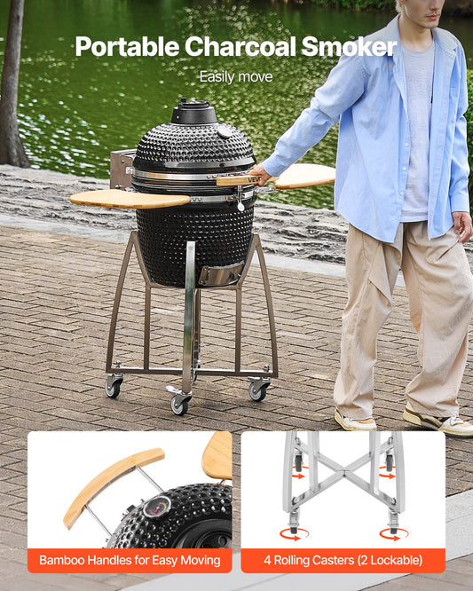 Charcoal Smoker And Grill, 18" Kamado Charcoal BBQ Smoker, Movable Ceramic Barbecue Grill With 4 Wheels (2 Lockable), Built-in Thermometer, Air Vents & Side Shelf For Outdoor Patio Yard Cooking
