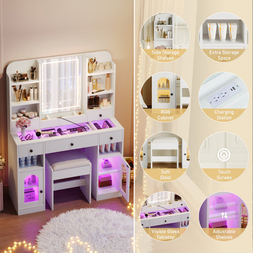 43.2 Vanity Desk With LED Mirror And Lights, Glass Top Vanity With RGB Glass Light Cabinets, Dressing Table With 5 Drawers ,Storage Shelves And Stool For Bedroom, White - CJDS