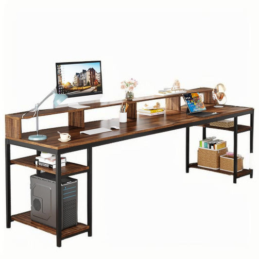 Two Person Desk With Monitor Stand, 78.74" Long Double Computer Office Desk With Storage Shelves, Large Gaming Study Writing Table