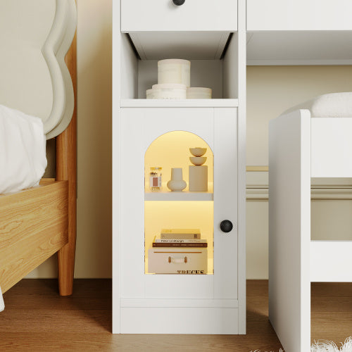 43.2 Vanity Desk With LED Mirror And Lights, Glass Top Vanity With RGB Glass Light Cabinets, Dressing Table With 5 Drawers ,Storage Shelves And Stool For Bedroom, White - CJDS