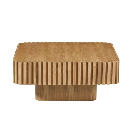 Modern 35.43 Inch Handcraft Drum Coffee Table Square Coffee Table For Living Room,Small Wooden Coffee Table With Sturdy MDF Pedesta,Narual Color