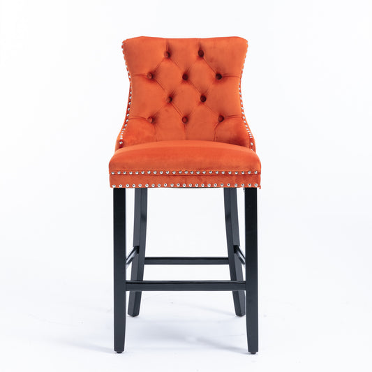 Contemporary Velvet Upholstered Barstools With Button Tufted Decoration And Wooden Legs, And Chrome Nailhead Trim, Leisure Style Bar Chairs,Bar Stools, Set Of 2 Orange,SW2002OG
