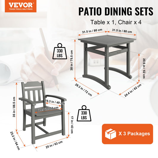 5 Pieces Patio Dining Set, Outdoor Square Furniture Table And Chairs, All Weather Garden Furniture Table Sets, HIPS Small Patio Conversation Set, For Lawn, Deck, Backyard, Poolside, Light Gray