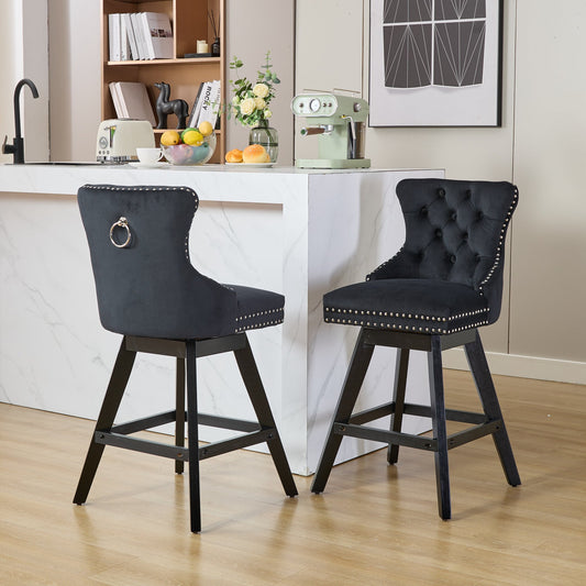 Swivel Velvet Barstools With Button Tufted Decoration And Wooden Legs, And Chrome Nailhead Trim, Leisure Style Bar Chairs,Bar Stools, Set Of 2 Black,SW1860BK