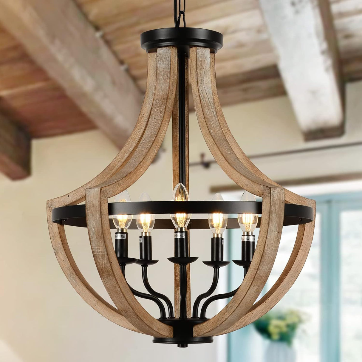 Solid Wood Modern Chandelier For Dining Room, Living Room, Kitchen, Island, Bedroom, Foyer, Height Adjustable, Brown Unavailable Platforms- CJDS