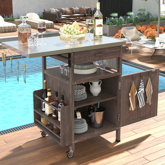 K&K 40.5 Outdoor Grill Cart With Stainless Steel Top, Solid Wood Outdoor Storage Cabinet With Drop Leaf, One Drawer, Towel Rack, Rolling Kitchen Cart With Lockable Wheels For Lawn Garden, Brown