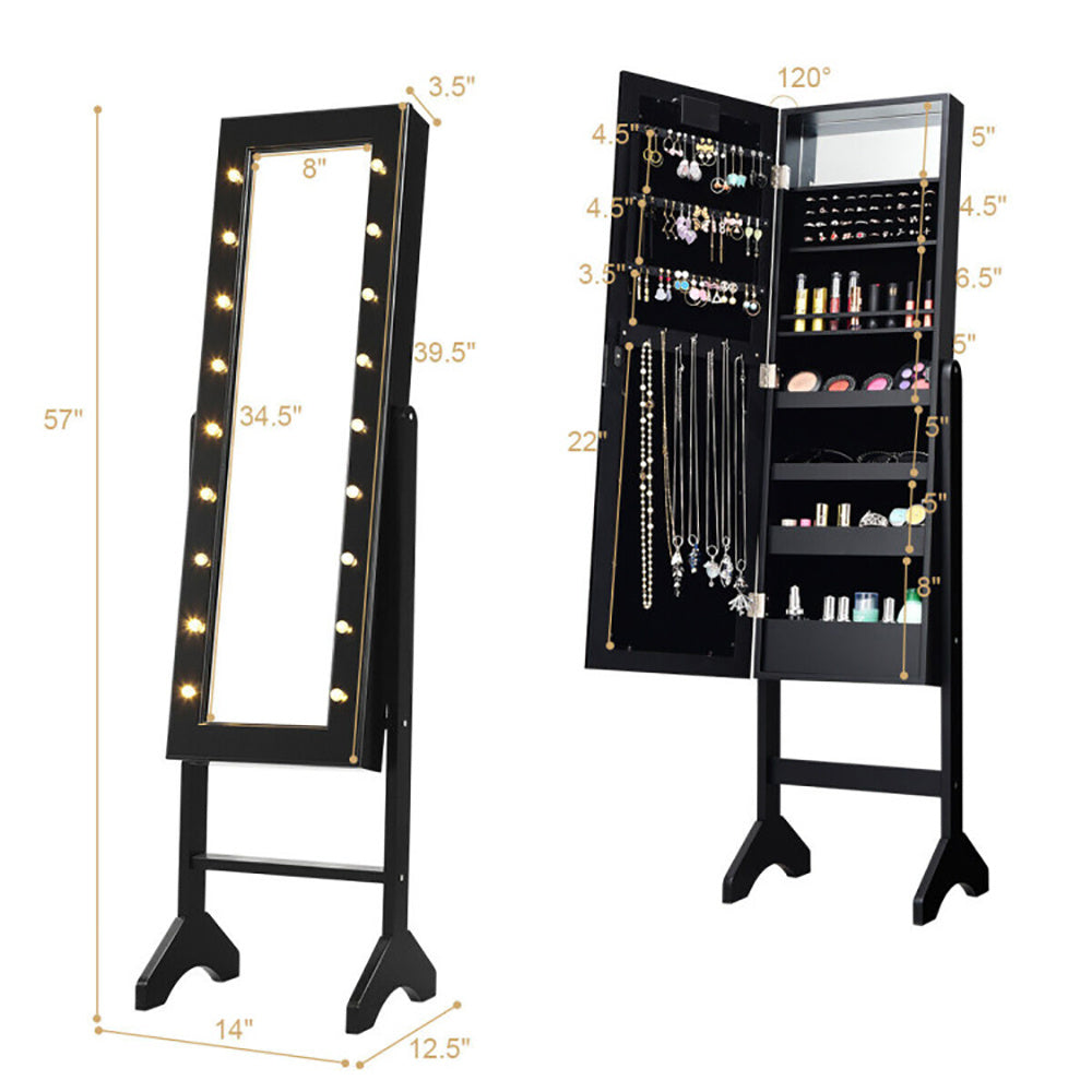 Mirrored Standing Jewelry Armoire Cabinet With LED Lights - CJDS