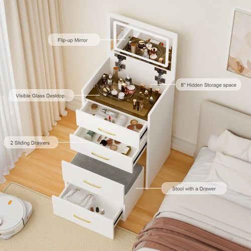 3 In 1 Vanity Desk With Open Top Mirror,Small Make Up Vanity Set With Visible Glass Desktop,Compact Makeup Vanity With 3 Drawers,Dressing Table For Bedroom - CJDS