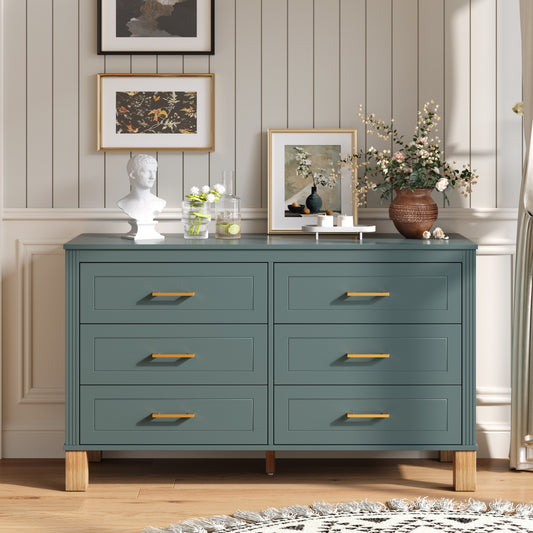 6-Drawer Double Dresser In Green, Modern Storage Cabinet With Metal Handles & Solid Wood Legs, Dresser Drawer Organizer For Kids Bedroom, Heavy-Duty Wooden Dresser With Pre-Installed