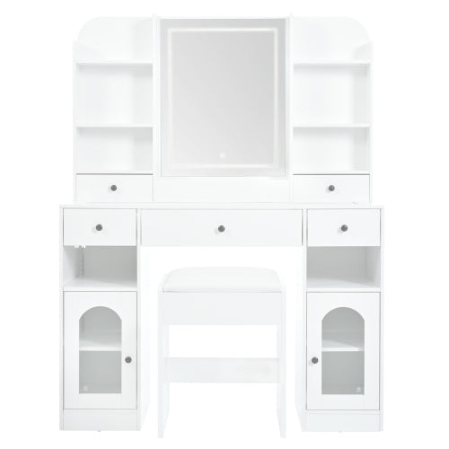 43.2 Vanity Desk With LED Mirror And Lights, Glass Top Vanity With RGB Glass Light Cabinets, Dressing Table With 5 Drawers ,Storage Shelves And Stool For Bedroom, White - CJDS