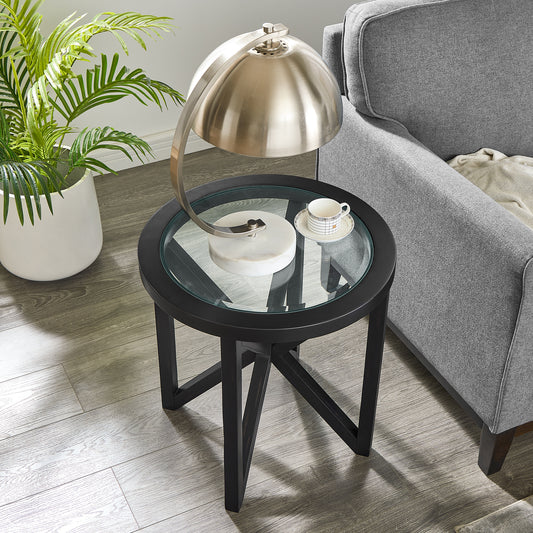 Modern Simple Glass Coffee Table, Tempered Glass Coffee Table Solid Wood Base Round Transparent Glass Top Modern Living Room Terrace Study Coffee Table