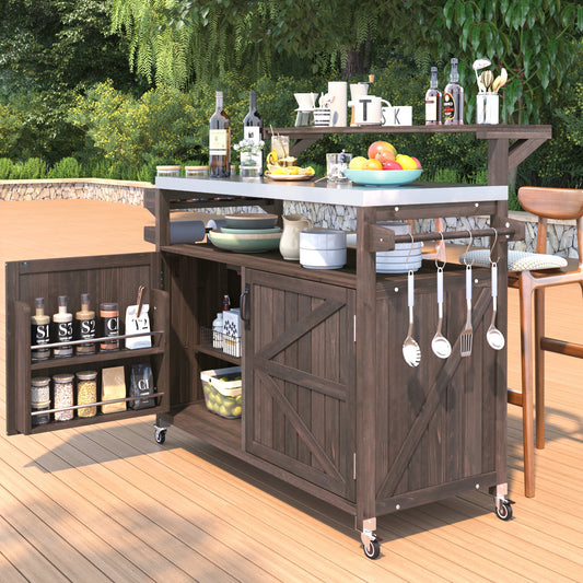 K&K 53.3 Outdoor Kitchen Island With Raised Shelf, Solid Wood Storage Cabinet With Stainless Steel Top, Outdoor Rolling Grill Cart With Internal Storage Rack, Adjustable Shelf, Spice Rack, Brown