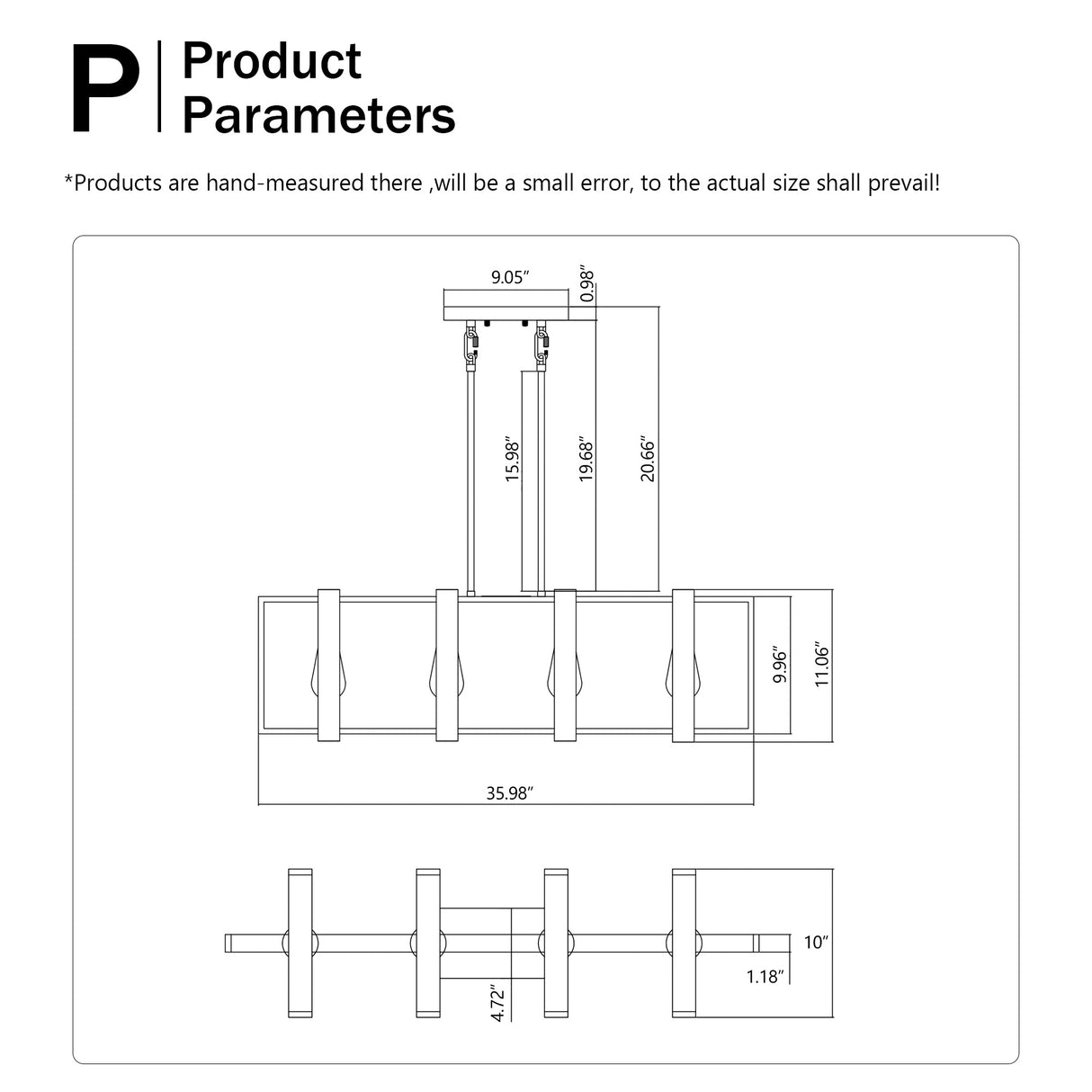 4-Light Kitchen Island Lights Pendant Light Farmhouse Dining Room Light Fixture, Rustic Wood And Black Metal Rectangular Chandelier, Hanging Lighting For Living Room,Conference Room, Home Office - CJDS
