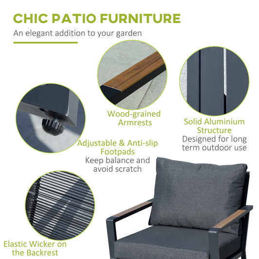 4 Piece Patio Furniture Set, Aluminum Conversation Set, Outdoor Garden Sofa Set With Armchairs, Loveseat, Center Coffee Table And Cushions, Dark Grey