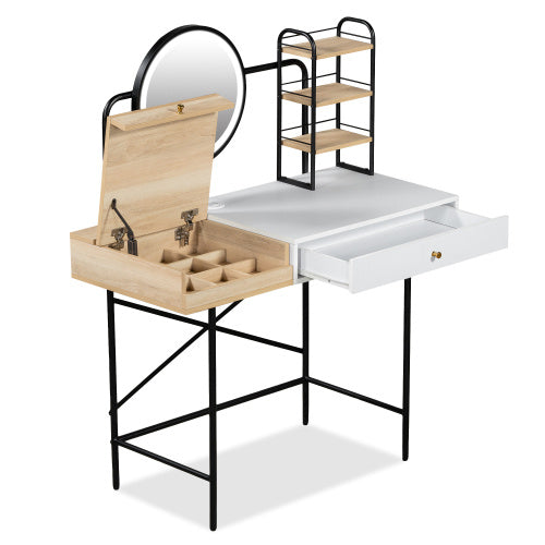 Makeup Vanity Desk With 3-Mode Lighted Mirror & Wireless Charging Station , Vanity Table With Drawer & 3 Open Shelves For Ample Storage Space - CJDS