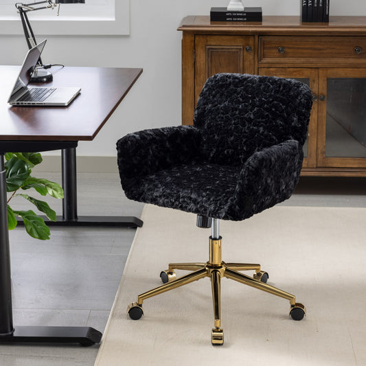 A&A Furniture Office Chair,Artificial Rabbit Hair Home Office Chair With Golden Metal Base,Adjustable Desk Chair Swivel Office Chair,Vanity Chair Black