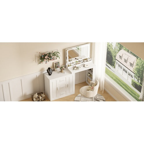 59Makeup Vanity Desk With Mirror, Vanity Mirror With Lights, Dressing Table With 3 Drawers And 2 Cabinets, Vanity Table With Storage Shelves For Bedroom, White - CJDS