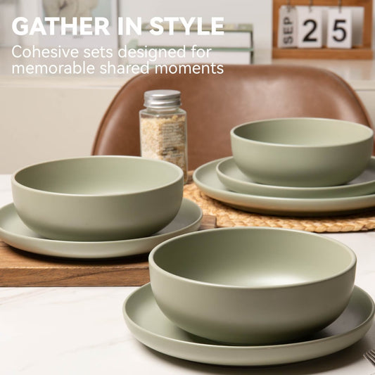 12-Piece Stoneware Dinnerware Sets With Mugs Microwave & Dishwasher Safe Non-Toxic Dinner Plates Bowls Set Stackable Matte Glaze Kitchenware For 3