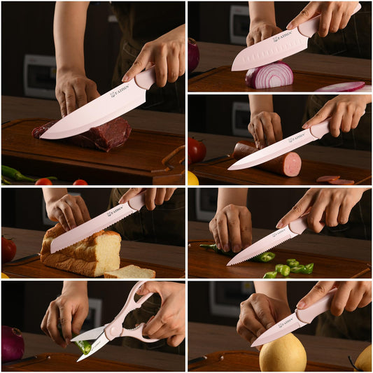 13-Piece Pink Kitchen Knife Set with Guards – Stainless Steel Non-Stick Knives Set with Sheaths & Kitchen Scissors