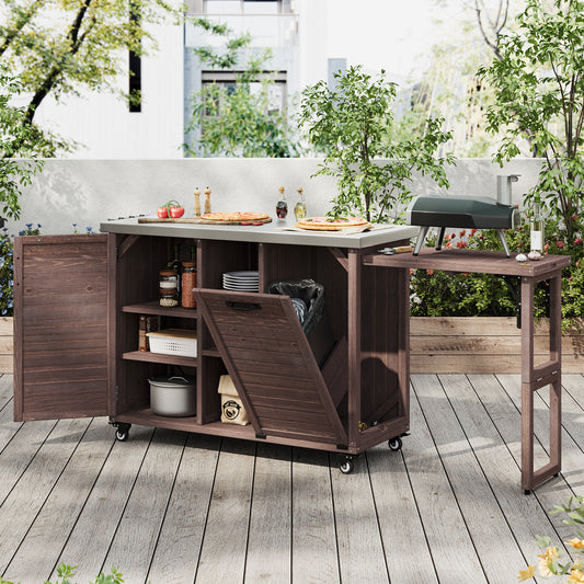 K&K 78.3 Outdoor Kitchen Island With Foldable Grill Table, Wooden Outdoor Grill Cart With Trash Can Storage & Stainless Steel Top, Outdoor Bar Cart, Pizza Oven Table For Lawn & Garden, Dark Brown