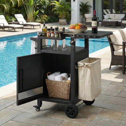 K&K 33.9 Outdoor Grill Cart With Drop Leaf, Outdoor Metal Bar Cart Pizza Oven Table With Wheels, Stainless Steel Top, Outdoor Kitchen Island With Storage Cabinet & Spice & Paper Rack For BBQ, Waterpr