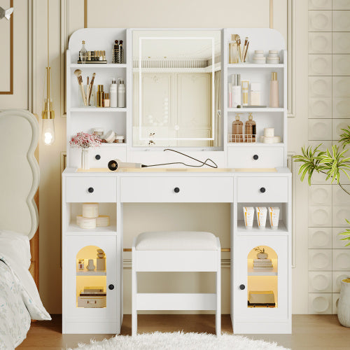 43.2 Vanity Desk With LED Mirror And Lights, Glass Top Vanity With RGB Glass Light Cabinets, Dressing Table With 5 Drawers ,Storage Shelves And Stool For Bedroom, White - CJDS