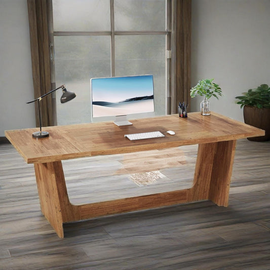 70.87-Inch Executive Computer Desk: Large Home Office Desk With Solid Wooden Pedestal, Industrial Wood Study Writing Table