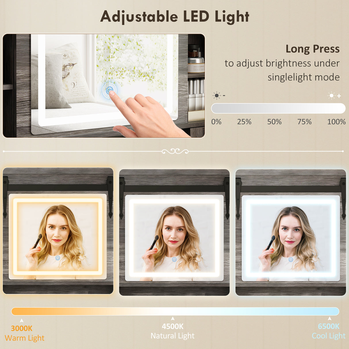 Vanity Desk Set With Mirror And Lights, Cushioned Stool, Storage Drawer, Cabinet, Shelves For Bedroom, Gray - CJDS