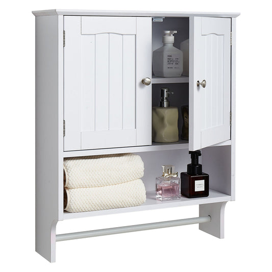 Bathroom Wall Cabinet, 2 Doors And Adjustable Shelf, Over The Toilet Storage Medicine Cabinet Wall Mounted, Hanging Organizer With Open Partition And Towel Bar For Laundry Room Kitchen, White
