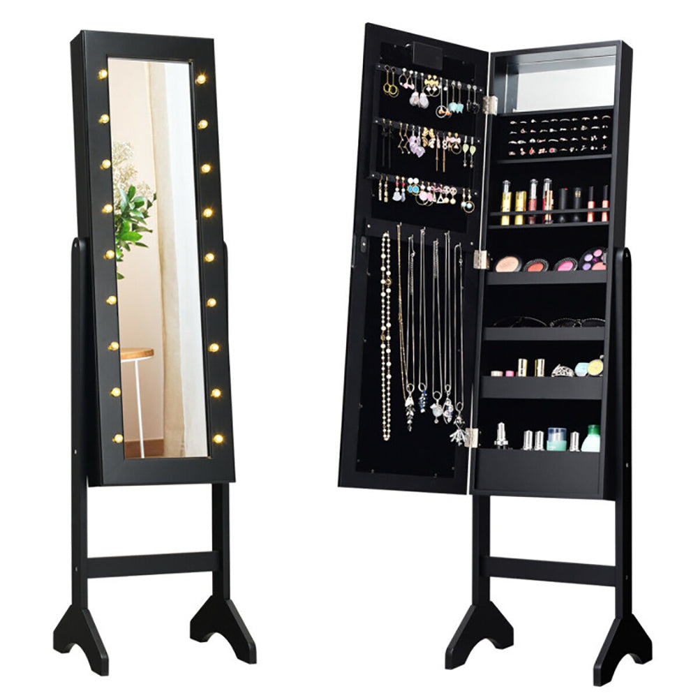 Mirrored Standing Jewelry Armoire Cabinet With LED Lights - CJDS