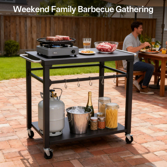 2-Tier Outdoor Grill Cart With Locking Wheels & Tool Hooks, Movable BBQ Prep Table, Rolling Serving Bar Cart For Patio, Backyard, Pizza Oven Stand, Black