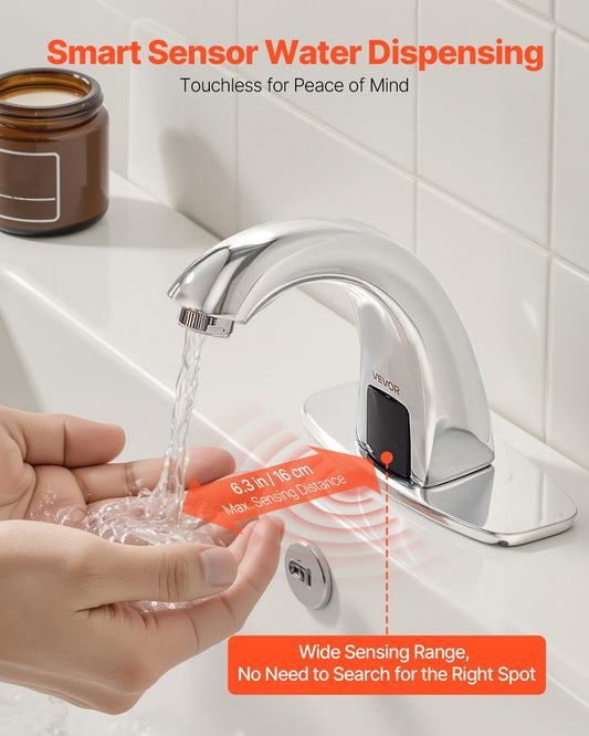 Touchless Bathroom Sink Faucet, Automatic Motion Sensor Restroom Toilet Faucet With Hole Cover Plate, Battery Operated,Adjustable Temp For 9/16 In Pipe Commercial Lavatory,Chrome Plated Silver