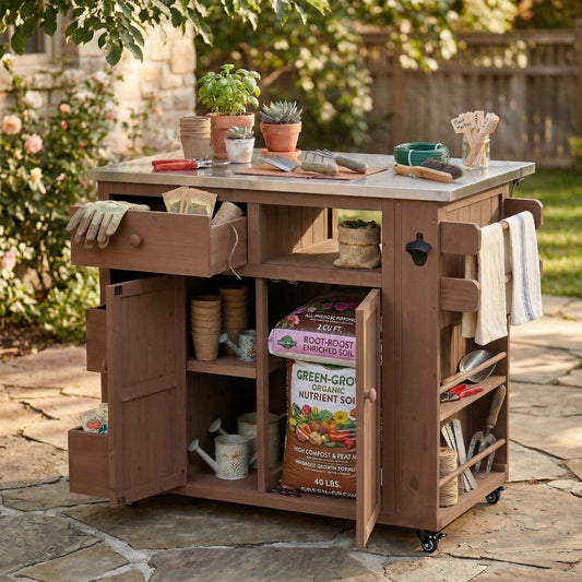 TOPMAx Outdoor Solid Wood Extendable 19.3 28 Kitchen Island Stainless Steel Top Grill Table With Side Spice Rack Kitchen Cart With Drawers Storage Cabinet For Backyard BBQ Party Brown