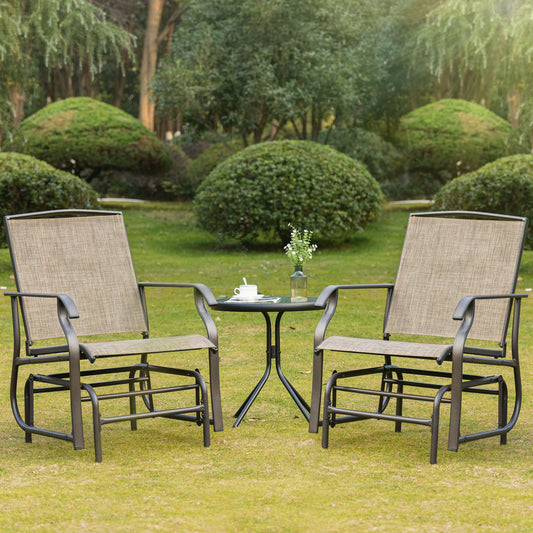 2 Piece Glider Set, Outdoor Swing Chairs, Patio Rocking Armchairs With Breathable Mesh Fabric, Steel Frame For Garden, Backyard, Patio, Dark, Brown/Khaki