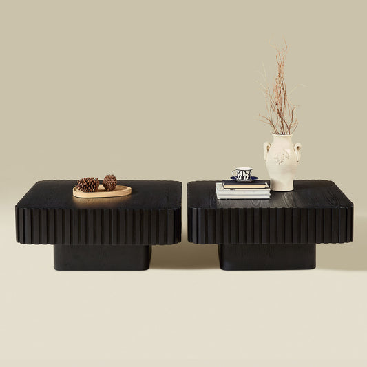 2PCS Set 31.5 Inch Modern Handcraft Drum Coffee Table Square Coffee Table For Living Room,Small Wooden Coffee Table With Sturdy MDF Pedesta,Black Color