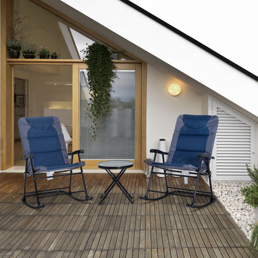 3 Piece Blue Rocking Bistro Set Patio Chairs Glass Coffee Table
