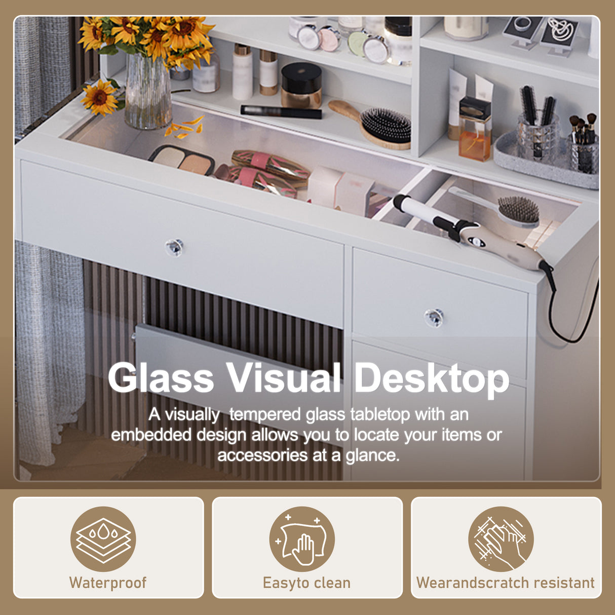 Vanity Desk With Mirror And 3 Lighting Modes, Makeup Vanity With Glass Top And Storage Shelves, Dressing Table With 2 Drawers And Cabinet - CJDS