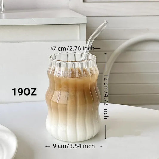 6 Pcs 19 Ounce Glass Straw Cup, Coffee Cup, Milk Cup, Juice Cup, Cold Drink Cup, Tea Cup, Water Cup, Office Cup, Striped Cloud Cup