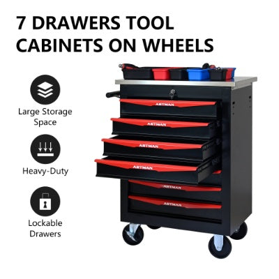 7 Drawers Multifunctional Tool Cart With Wheels,Metal Rolling Tool Cart Storage For Garage Workshop Warehouse Repair Shop--With Stainless Steel Roof- BLACK RED