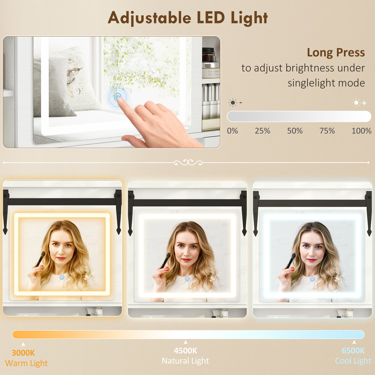 Vanity Desk Set With Mirror And Lights, Cushioned Stool, Storage Drawer, Cabinet, Shelves For Bedroom, White - CJDS