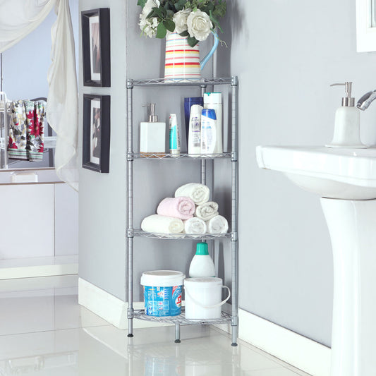 4-Tier Corner Storage Shelves, Wire Shelving Unit, Metal Shelf, Steel Storage Rack For Laundry Bathroom Kitchen Silver
